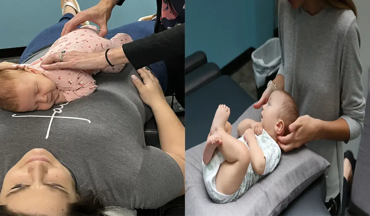 Adults with their babies getting pediatric chiropractic adjustments.